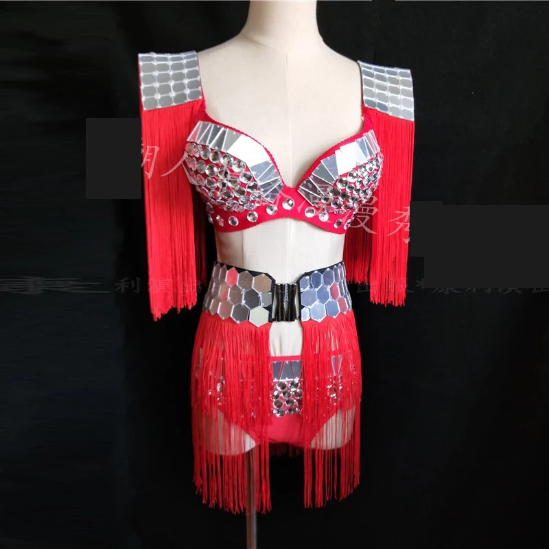 

Red Shoulder Tassels Mirrors Top Skirt Bar Nightclub Female Singer DJ Ds Gogo Costumes Party Stage Festival Clothes DWY3626