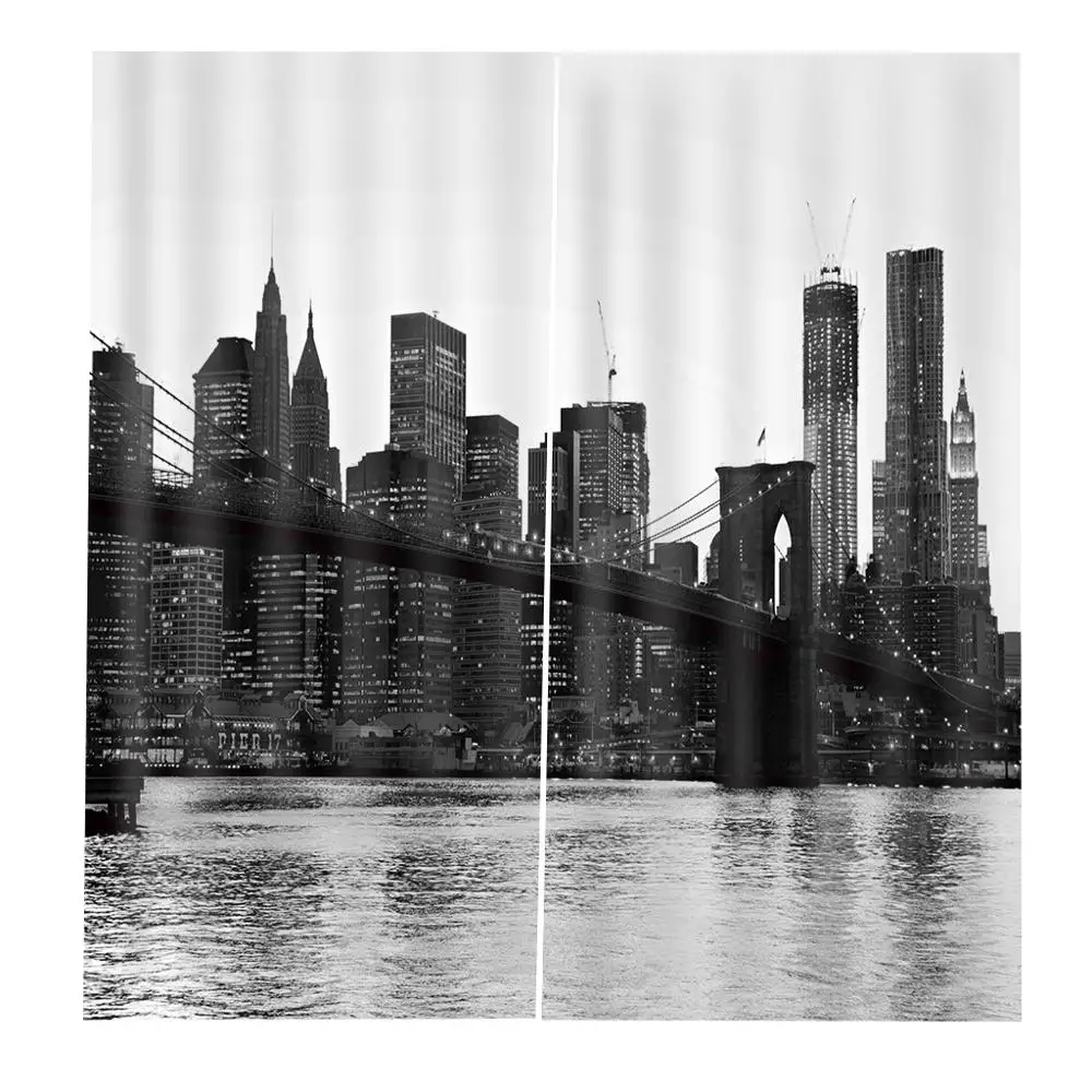 

Photo Custom European Style Black white building 3D Window Curtain Bridge For Living room Bedroom Blackout Drapes Decor Sets