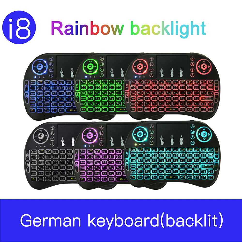 I8 Мини Беспроводная клавиатура немецкая Радужная подсветка 2 4 ГГц мышь Air Mouse 7