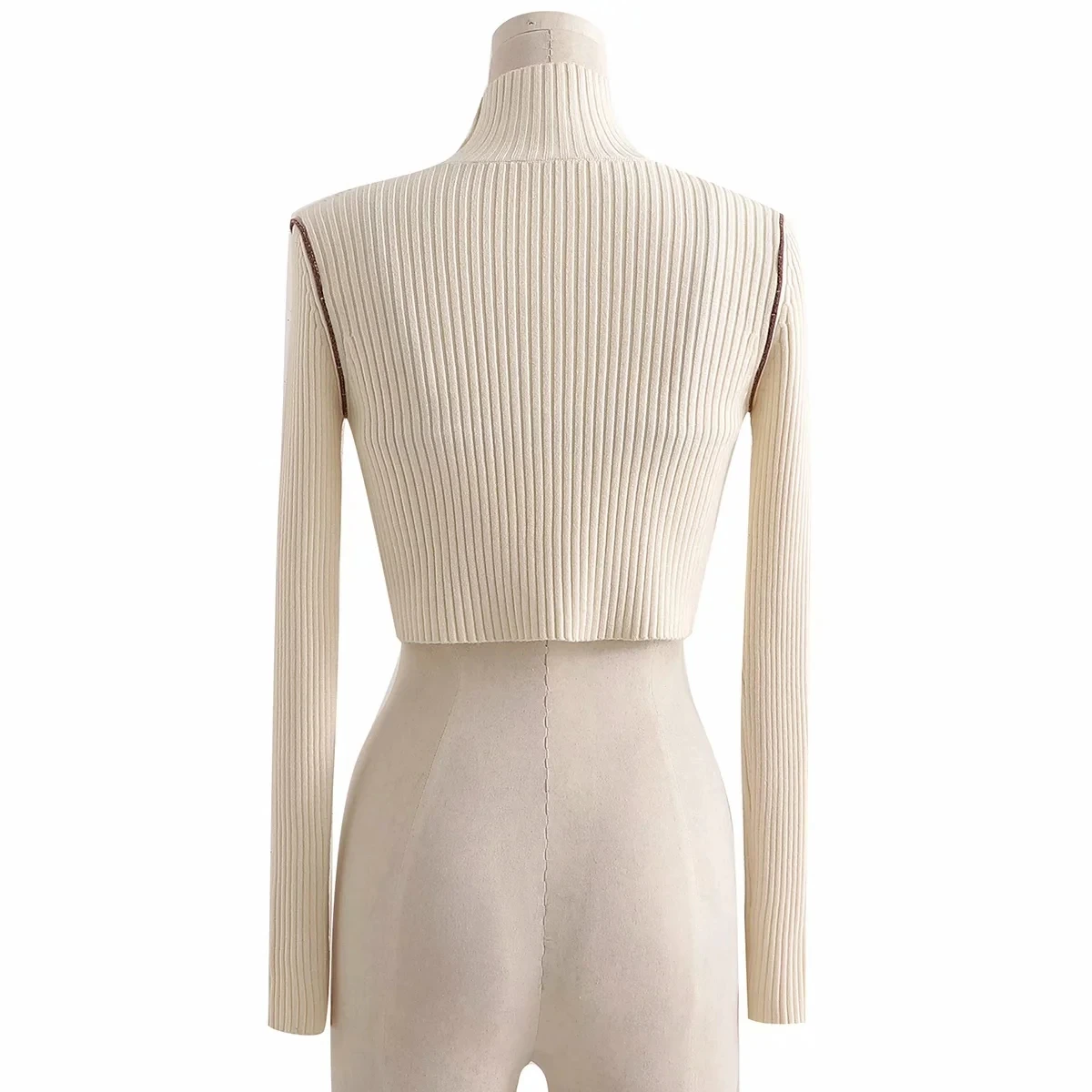 Women Turtleneck Cut Out Front Rib Knit Jumper With Contrast Outside Seamed Knit Camis images - 6