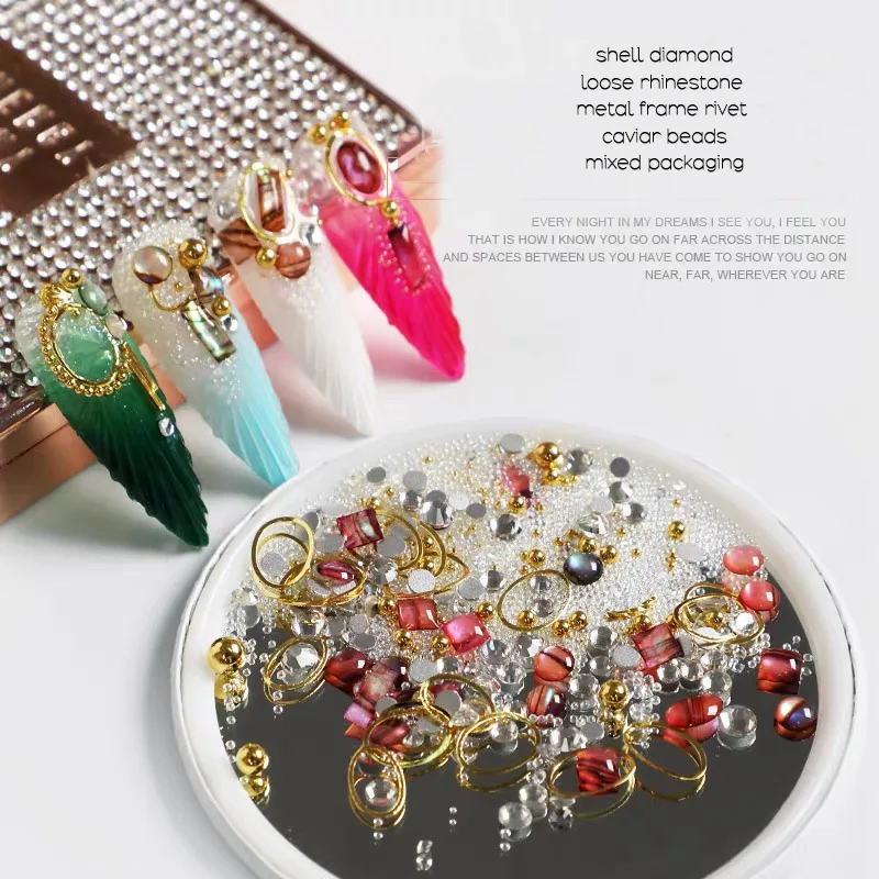 

Японский смешанный набор украшений для дизайна ногтей ракушки драгоценные камни россыпью прозрачная Стразы металлическая рамка Икра бисе...