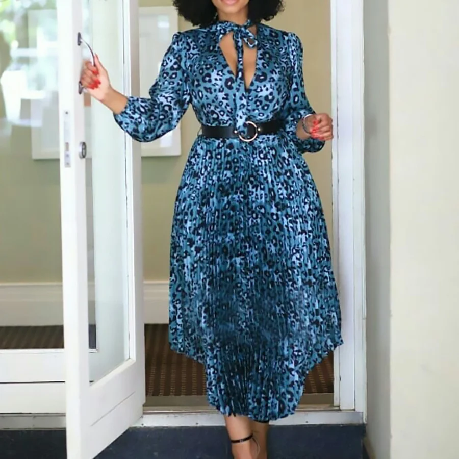 

D137t new autumn 2021 long sleeve printed V-neck Pleated Dress