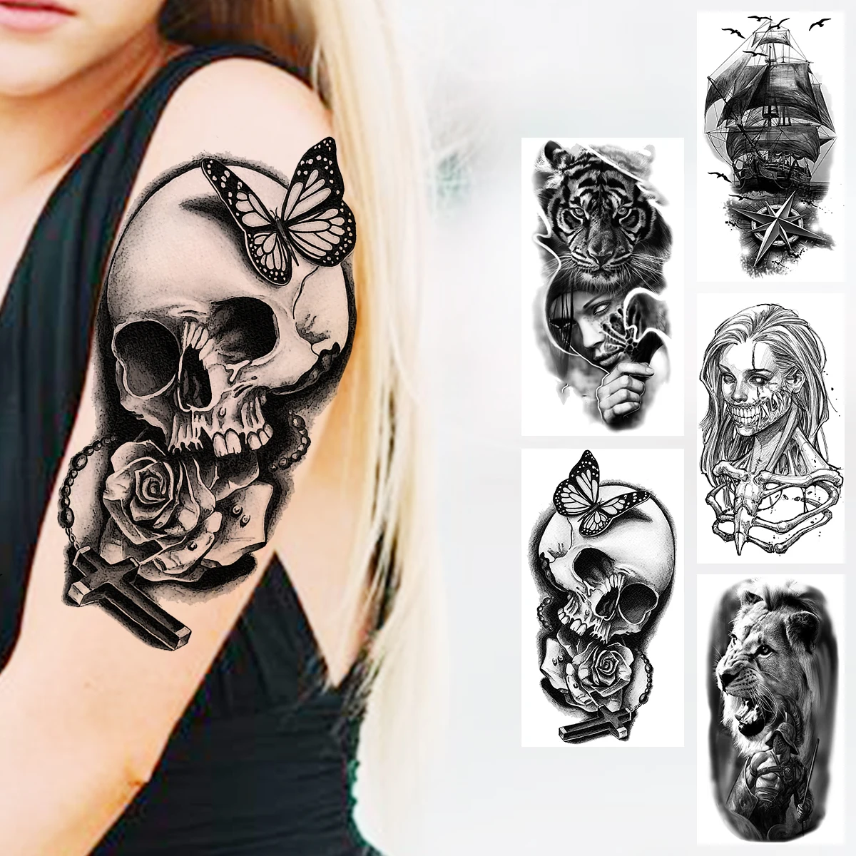 

Черные черепы, цветы, временные татуировки для женщин и мужчин, реалистичные тигр, Лев, пиратский корабль, страшные искусственные 3d-татуиров...