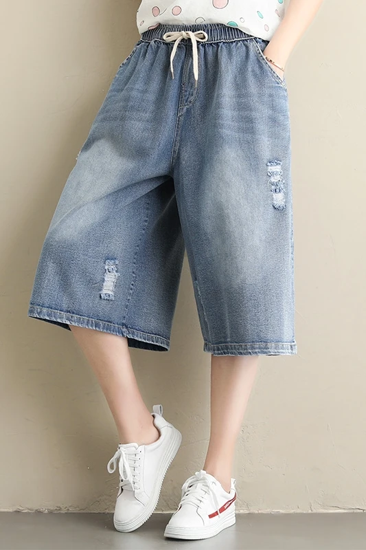 

Jeans Woman Denim loose Wide leg psnts Shorts Pockets Washed Vintage Knee Length Summer DM001