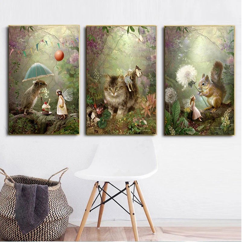 

Fairy Tale Girls Angels And Animal Canvas Paintings Posters and Prints Wall Art Picture for Living Room Home Decoration