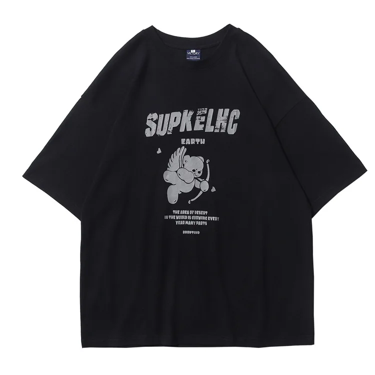 

M-5XL American Retro Cartoon Cupid Bear Oversize T-shirt 300 Kg Loose Short-sleeved T-shirt Female Casual Half-sleeved Couples