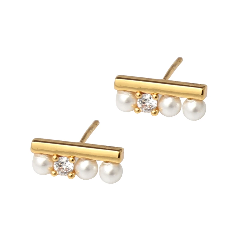 

925 Sterling Silver With 18K Balance Bar Faux Pearl Zircon Stud Earrings Punk Party Gown Boho Runway Korean Japan Style