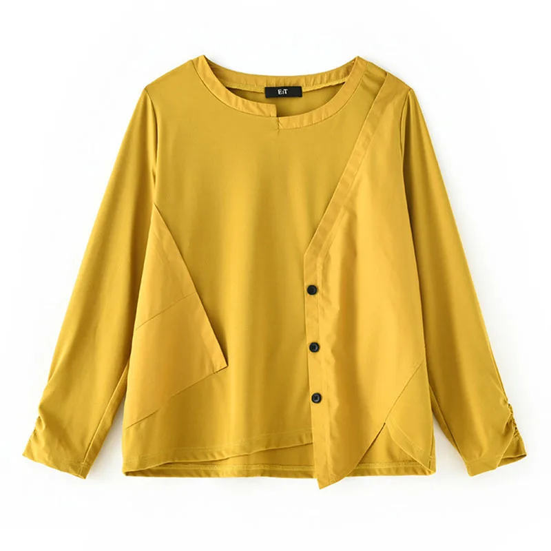 

IEQJ Women Yellow Asymmetrical Big Size T-Shirt New Round Neck Long Sleeve Loose Fit Shirt Fashion Spring Autumn 2021 3D0143