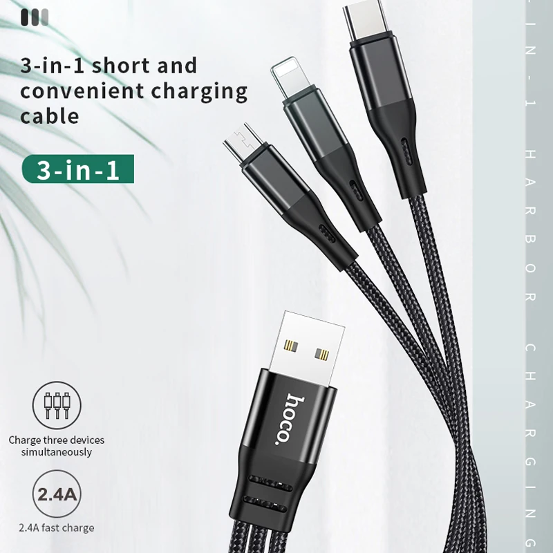 hoco 3in 1 usb micro type c cable for iphone 12 11 mobile phone android usb wire cord for samsung a12 a51 s20 s21 charging cable free global shipping