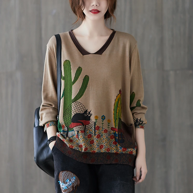 

2020 Korean New Fashion Laies Vintage Printed Sweaters Womens Casual Loose Knitted Pullovers Female Streetwear Jumpers