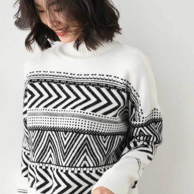 

Cashmere Autumn and Winter New Turtleneck Women's Loose-Fit Padded Vintage Jacquard Bottoming Sweater