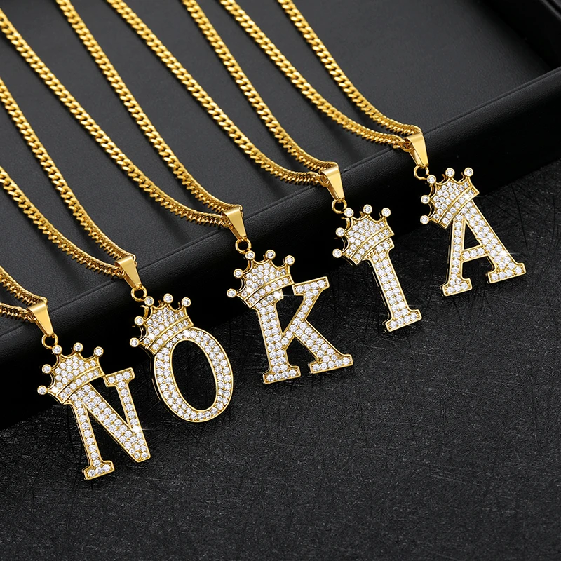 

Crystal Crown Letter Men's Chain Rap Pendant Zircon Alphabet Necklaces For Women Neck Choker Necklace Hip Hop Jewelry Femme Gift