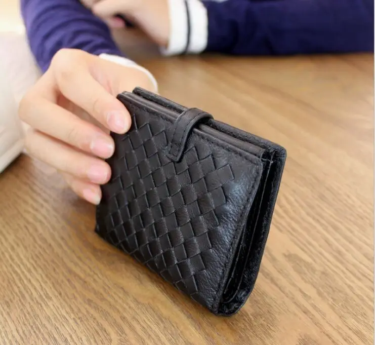 Тонкий короткий кошелек из овечьей кожи Женская тканая Сумочка затягивающийся