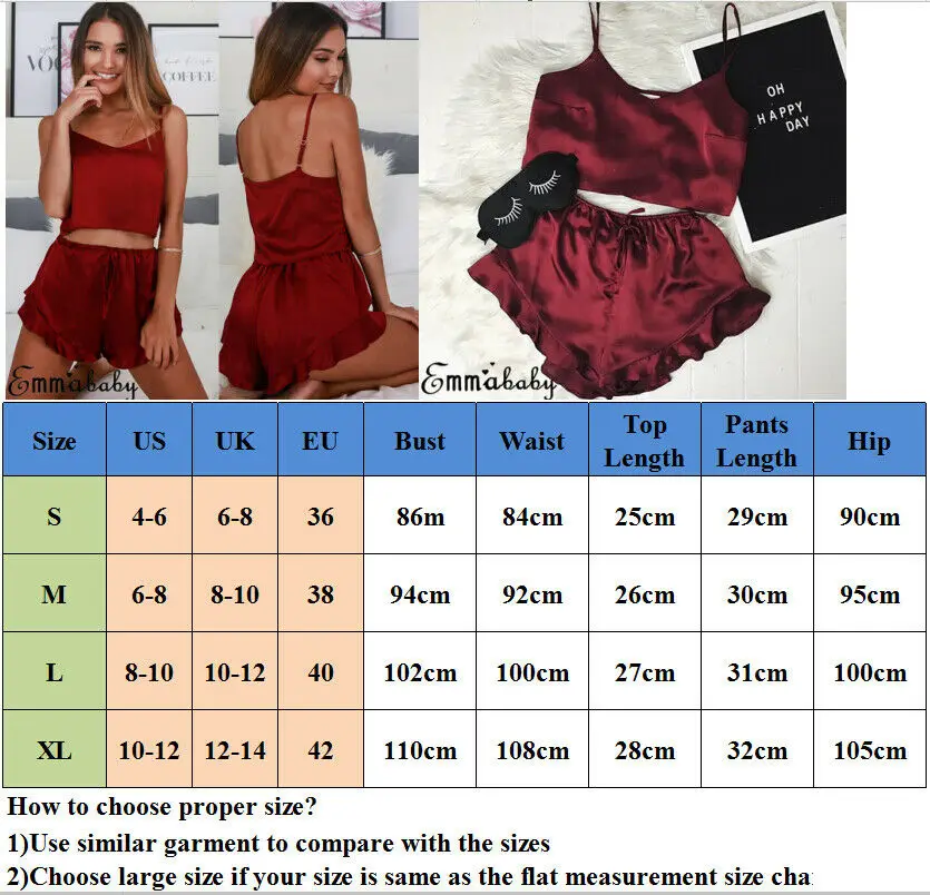 

Hot Sale 2PC Women's Satin Sleepwear Camisole Sets Red V-Neck Lingerie Babydoll Nightdress Sleepwear Sexy Pajama Nightwear