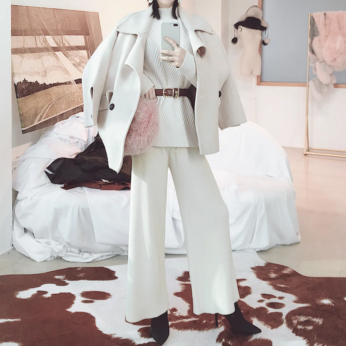 High Waist Women Wool Pants Korean White Soft Elegant Wide Leg Basic Warm Chic Casual Elastic Sweater for Girl |