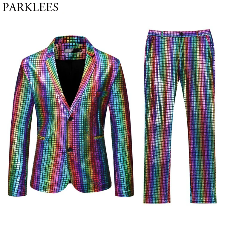 Mens Stage Prom Suits Gold Silver Rainbow Plaid Sequin Jacket Pants Men Dance Festival Christmas Halloween Party Costume Homme