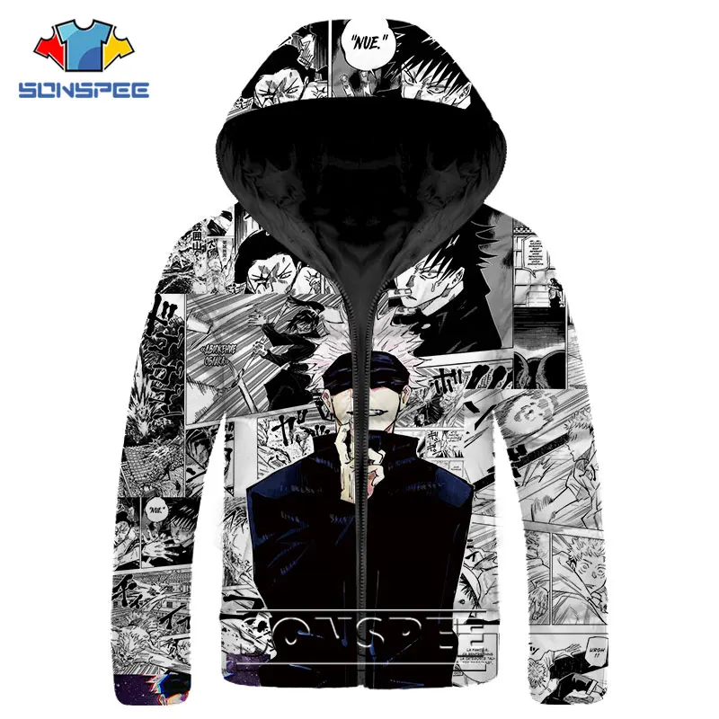 SONSPEE Anime Jujutsu Kaisen Gojo Satoru Parkas 3D Print Hip Hop Down Jacket Winter Men Women Keep Warm Streetwear Jacket Female