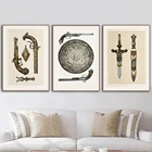 Плакаты Daggers Pistols Shield с принтом, настенные украшения для комнаты в средневековом ретро стиле с выгравированным изображением замка и ножей, оружия