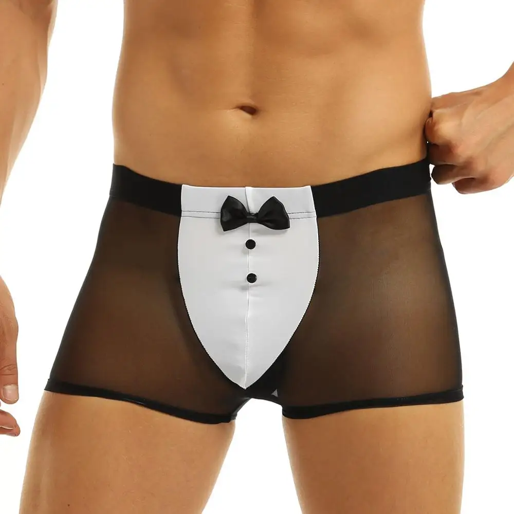 

Mens Lingerie Sexy Tanga Underwear Butler Waiter Tuxedo Shorts Erotic Sex Costume See Through Mesh Boxer Briefs with Rabbit Ears
