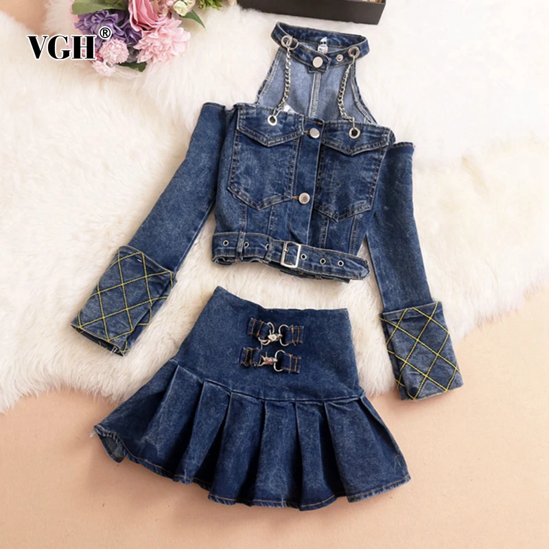 Женский джинсовый костюм VGH винтажный комплект из двух предметов короткий топ с