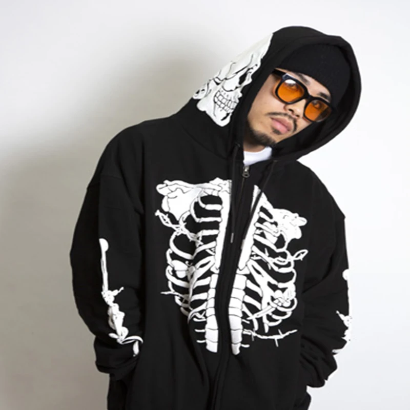 

Осенне-зимняя одежда с круглым вырезом в стиле хип-хоп, Готическая уличная одежда, мужская толстовка с капюшоном и принтом черепа, свободная...