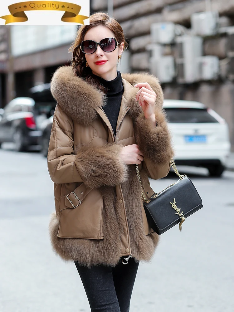 

Women Leather Jacket Real Fox Fur Collar Winter White Duck Down Coat Female Brown Sheepskin Leather Coats Luxury Clothes 2021