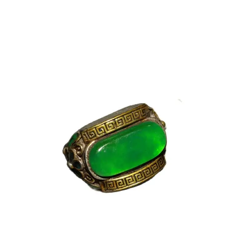 

Chinese Old Craft Made Old Tibetan Silver Inlaid Green Jade Silver Ring