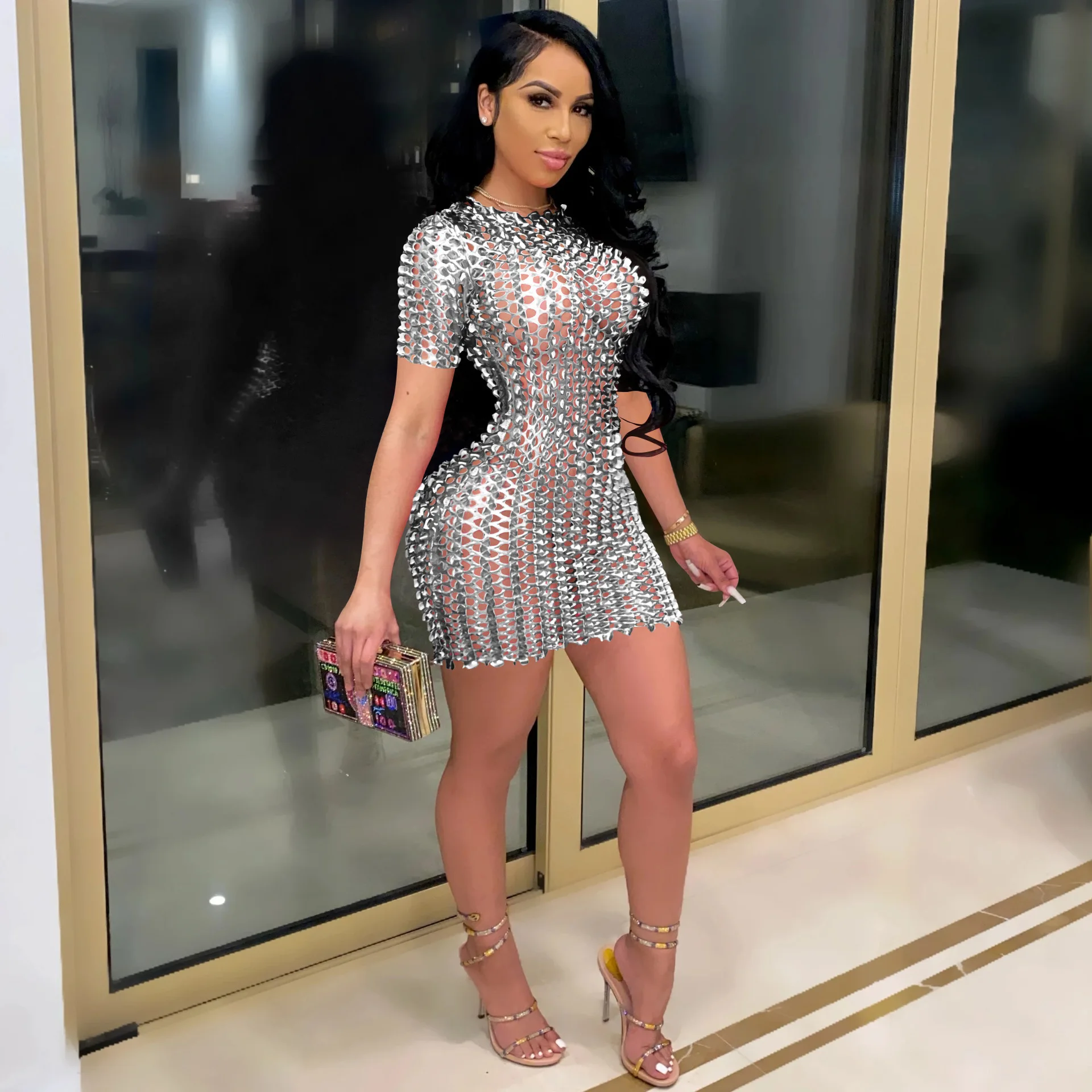 

SKMY Sexy Hollow Out Dress Women Clothing 2021 New Solid Color Short Sleeve Round Neck Fashion Bodycon Nightclub Mini Dress