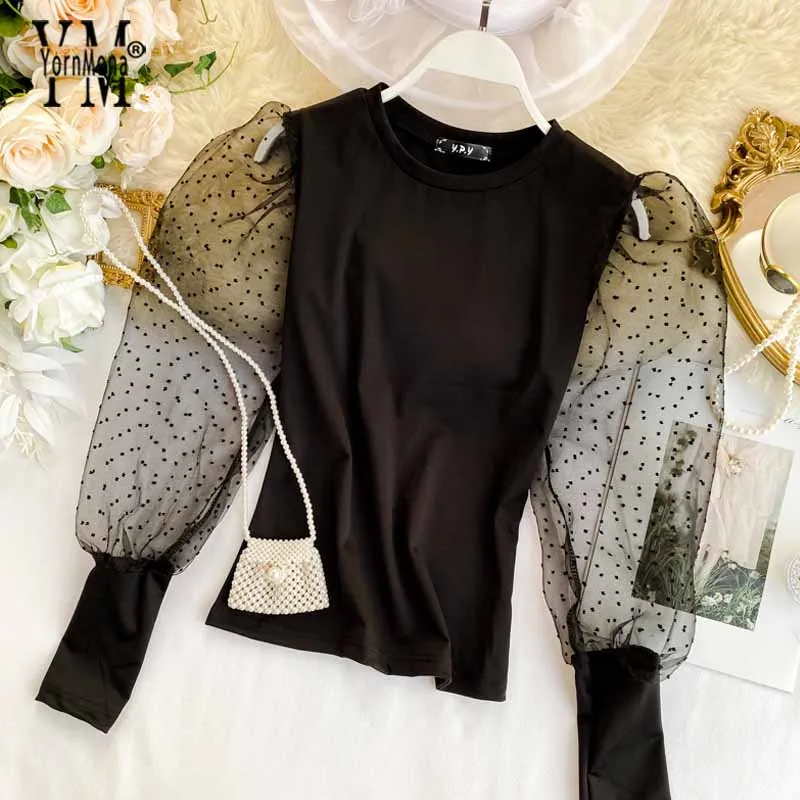 Женская сетчатая блузка в горошек повседневная винтажная белая с пышными