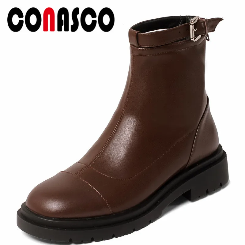

CONASCO Punk Women Ankle Boots Autumn Winter Warm Cow Leather Party Basic Prom Office Boots Concise Belt Buckle Shoes Woman