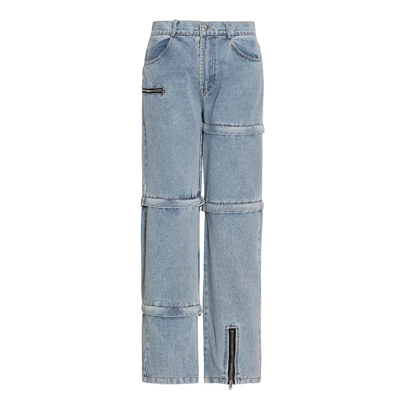 2021 Spring Autumn Women Dectable Jeans Zipper Design Hip Hop Streetwear High Waist Vintage Washed Blue Deniom Long Pants