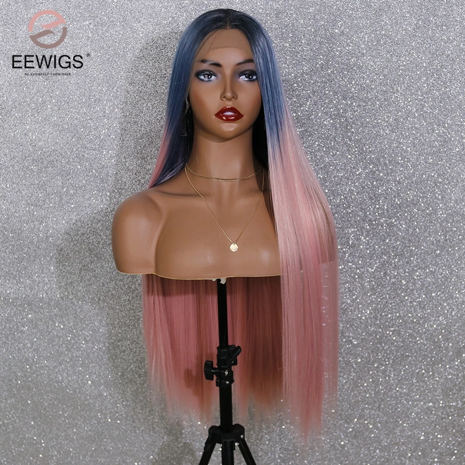 EEWigs термостойкие прямые синтетические парики на кружеве Glueless косплей парик черный синий розовый 3 тона Омбре парики для женщин