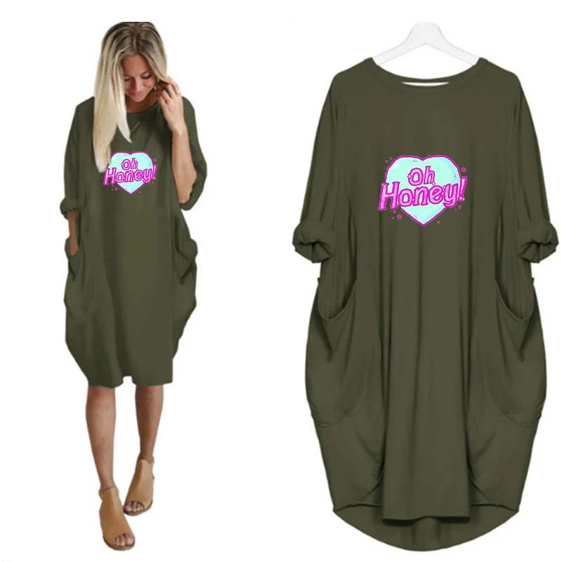 

Love Letter Print Tshirt Dress Casual Autumn Knee Length Plus Size Women Dresses Long Sleeve O-Neck Pocket Female Vestidos 2020