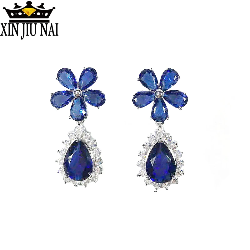 Модные женские серьги с кристаллами и цветами серебро 925 пробы синие белые в