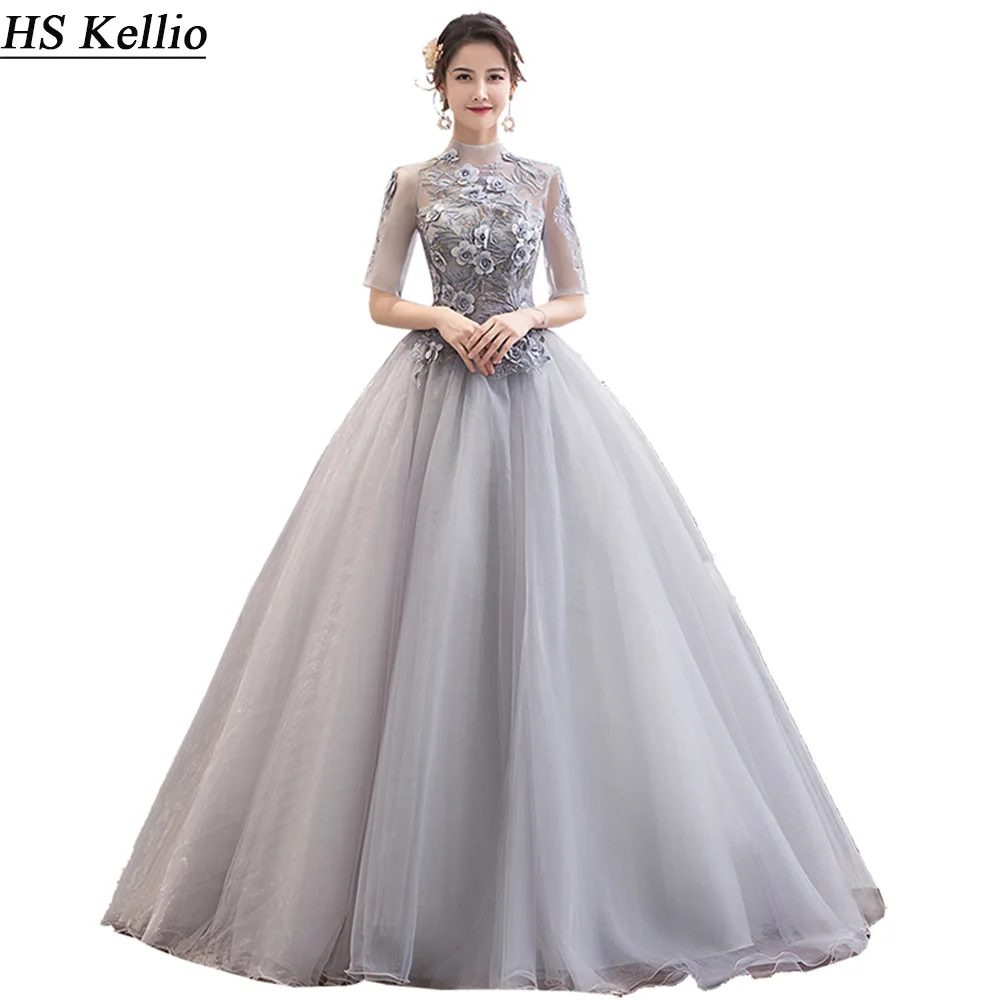 Высокий воротник Бальные платья серый цвет церемонии бальное платье выпускного