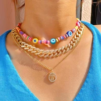 layered turkish rainbow evil eye clay beaded necklace for women gold color cuban crystal chain choker flower y2k party jewelry