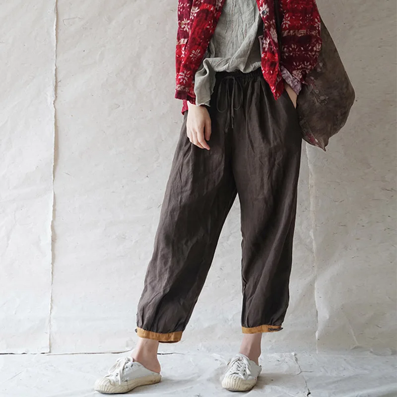SCUWLINEN Vintage Trousers Women 2021 Casual All-match Solid Elastic Waist Plate Button Slim Ankle-length Linen Harem Pant P342