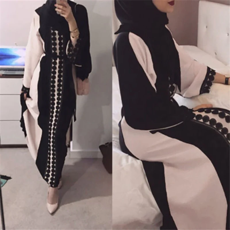Кремовый Dubai Style Lace Trim Black Abaya Fake Two Pieces Jilbab Muslim Islamic Maxi Dress Front Closed Black islamic clothing LR40 - Цвет: Кремовый