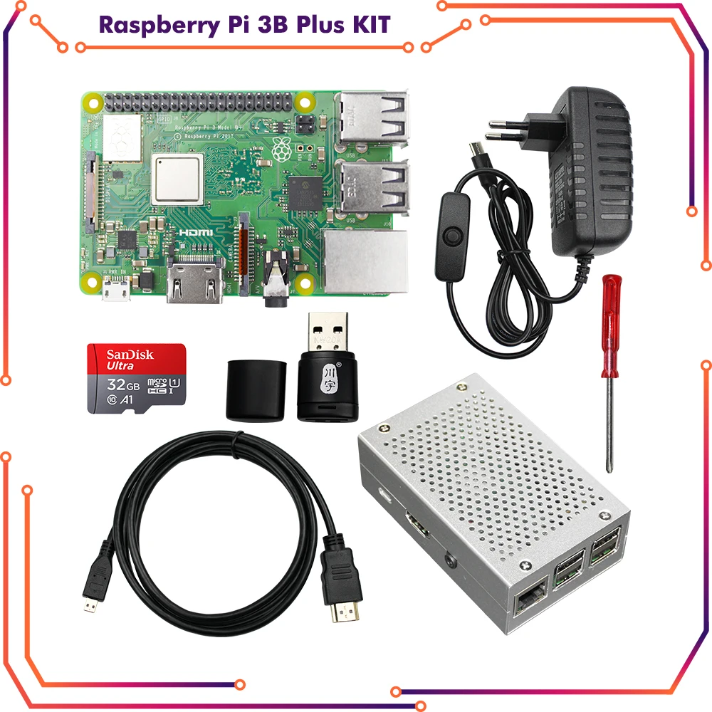 Original Raspberry Pi 3b Plus Kit with SD Card+Aluminum Case+3A Power with ON/OFF Switch+HDMI Cable for Raspberry Pi 3B Plus
