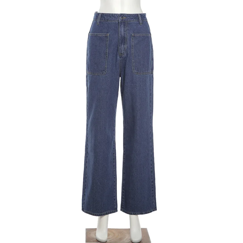 

New Arrival 2021 Night Club Sexy High Waist Blue Solid Loose Women Pants Summer Fashion High Street Stright Denim Flare Pants