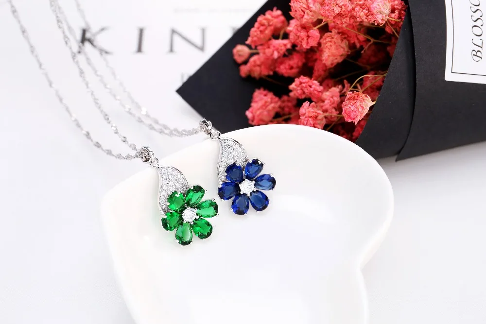 LADYCHIC роскошный синий и зеленый AAA цветок с цирконом Кулон Ожерелья модные кристалл серебряный цвет Свадебные украшения LN1097