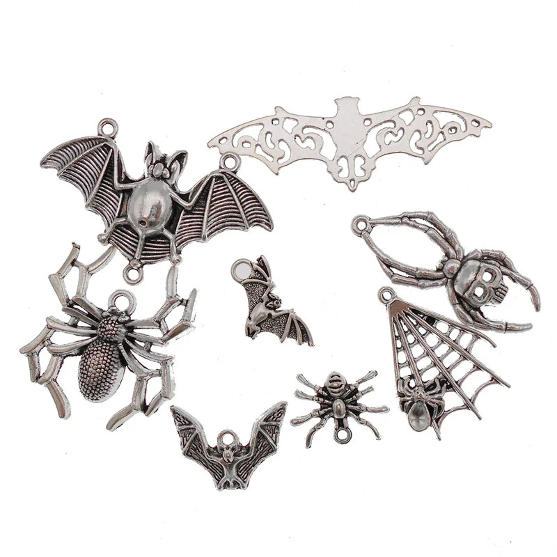 

Julie Wang 8PCS Halloween Charms Mix Alloy Spider Cobweb Cat Antique Silver Color Pendant Bracelet Jewelry Making Accessory