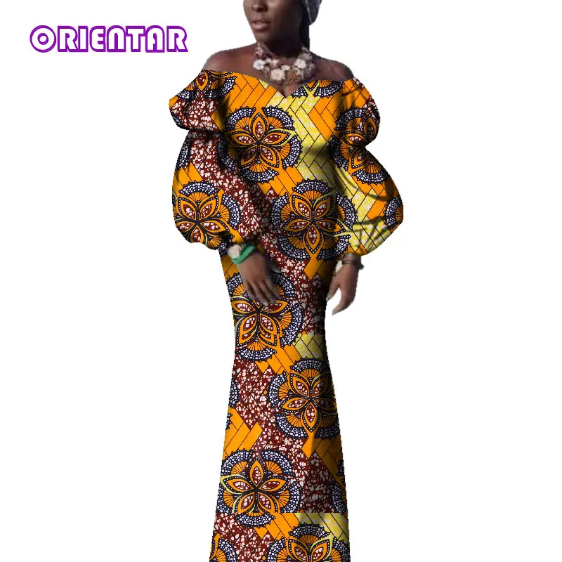 Bazin Riche African Dresses for Women Off Shoulder Puff Sleeve Ankara Dress African Wax Print Long Party Evening Dress WY3715