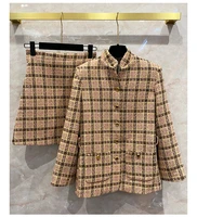 spring france style womens high quality designer wool plaid tweed jackets chic stand collar vintage coat f037