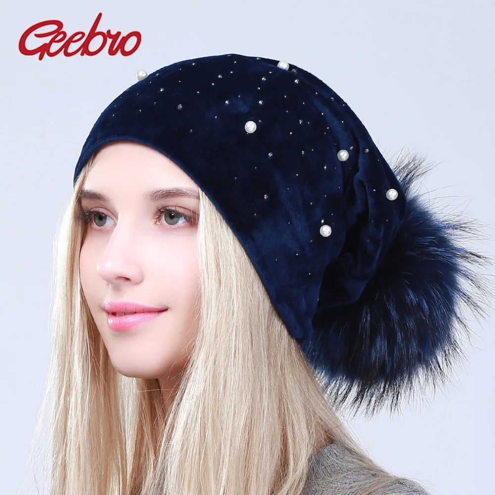 

Geebro Women's Casual Polyester Shine Rhinestones Pearls Pom Pom Beanies Solid Color Soft Skullies Hats Girls Casual Caps Bonnet