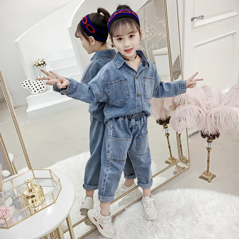 Комплект одежды для девочек из 2 предметов синяя рубашка и джинсы комплект на