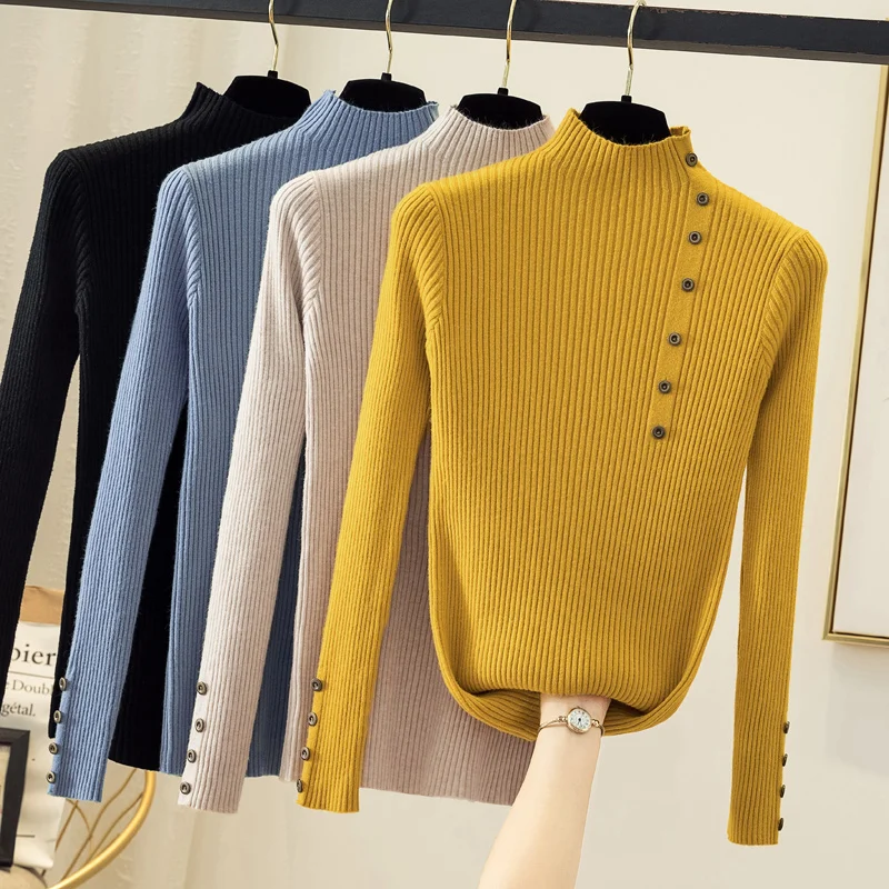 Осень 2021 Новые вязаные женские свитера водолазка одноцветные на пуговицах