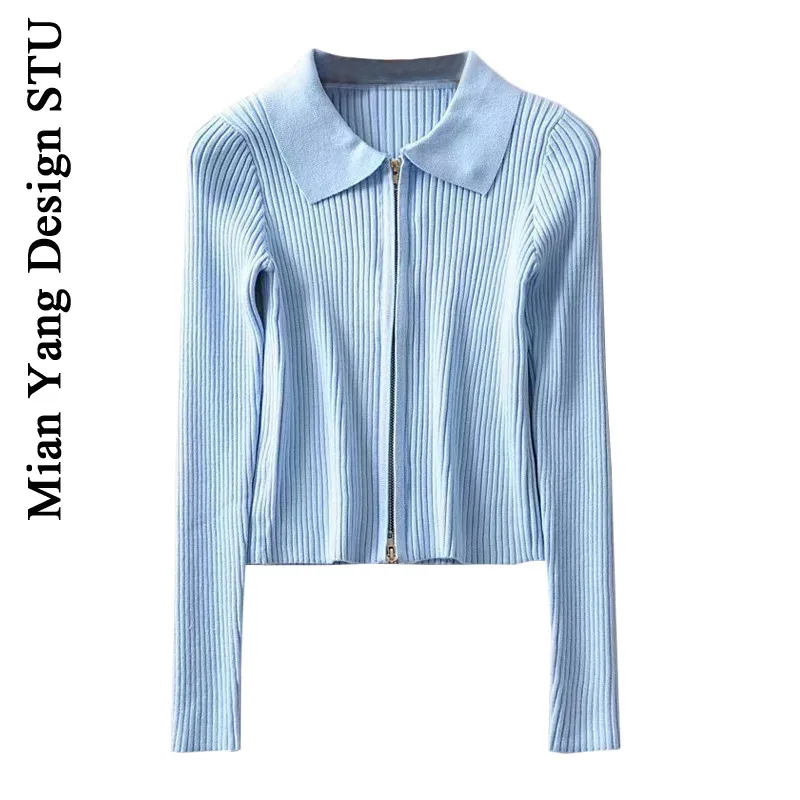 

Western Style All-Match Solid Color Sweater Coat Retro Street Style Slim Sweater Double-Headed Zipper Sunken Stripe Shirt