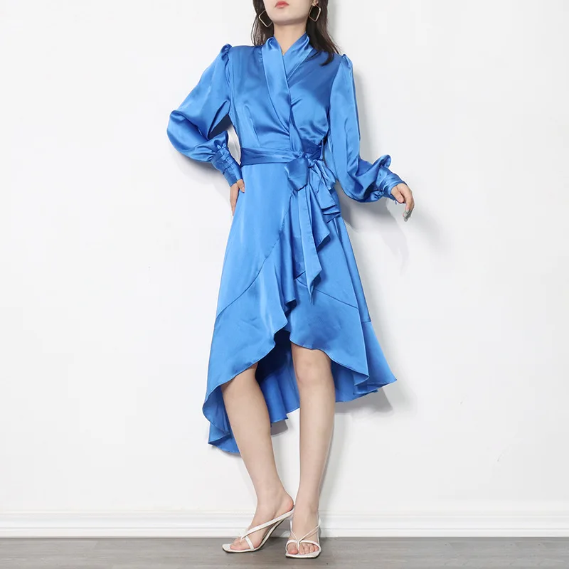 

Шикарное сплошное атласное платье во французском стиле с запахом, однотонное асимметричное шелковое платье с оборками и рукавами-фонарика...