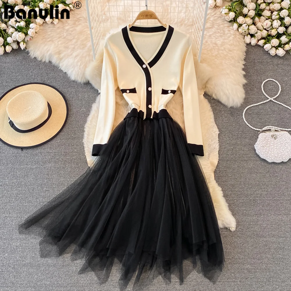 

Banulin 2021 Autumn Winter Women's V-Neck Long Sleeve Mesh Patchwork Knitted Black White Elastic Waist Tulle Party Midi Vestido